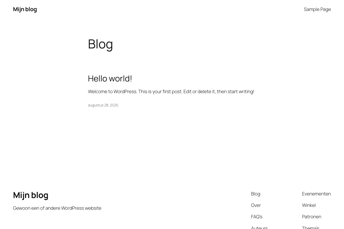 Een kale WordPress-installatie met het standaardthema en het bericht Hello world