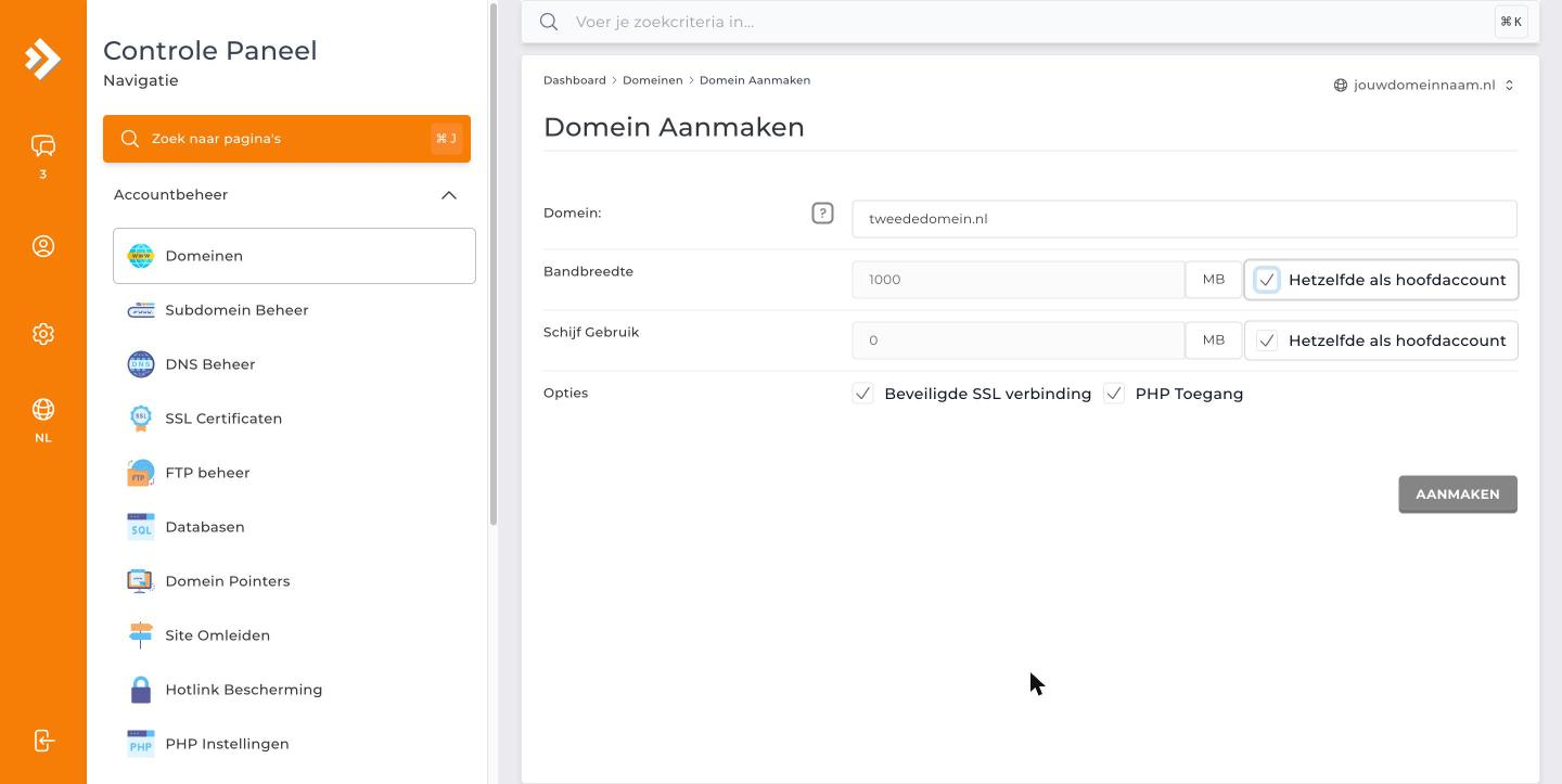 Het formulier voor een extra domein