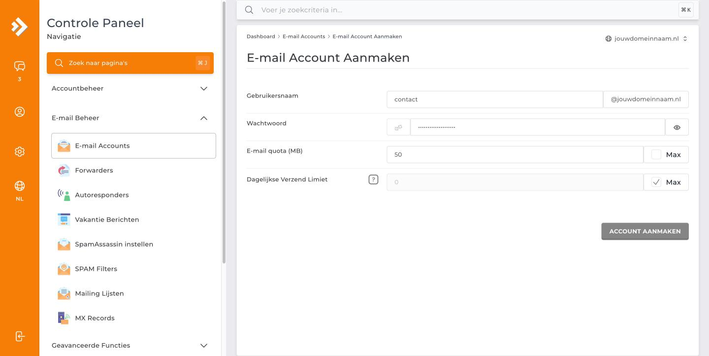 Het formulier voor een nieuw e-mailaccount