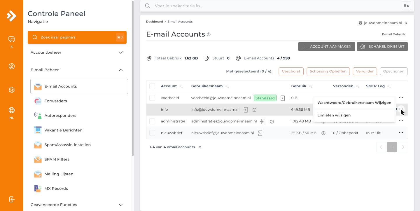Het menu achter de drie puntjes bij een e-mailaccount