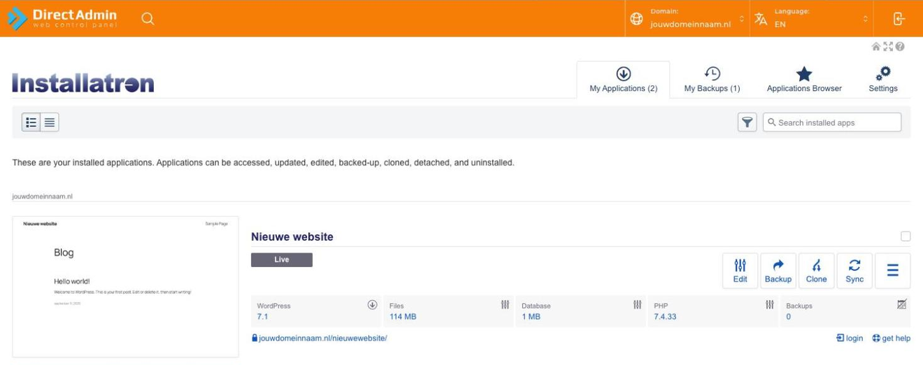 De nieuwe WordPress-installatie in het overzicht My Applications