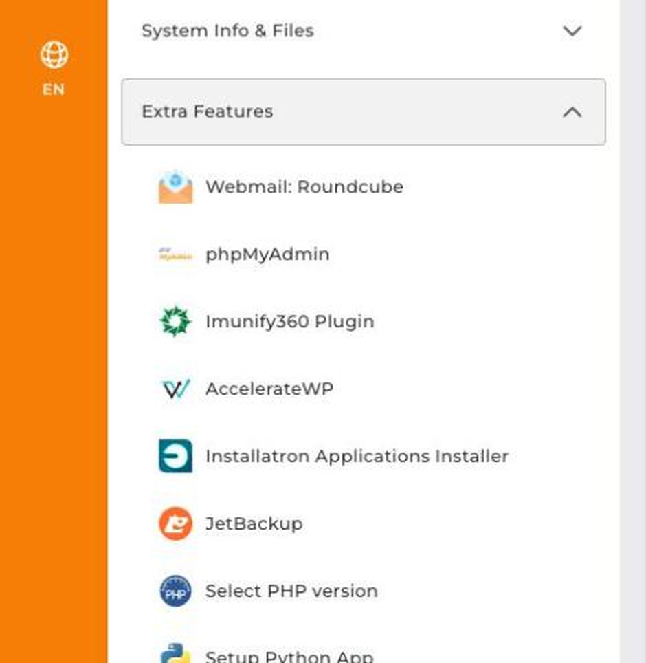 Het menu Extra Features in DirectAdmin met Installatron Applications Installer