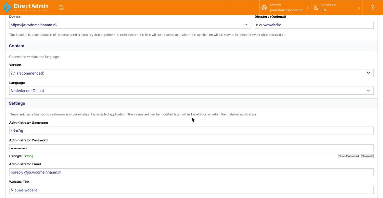 De instellingen voor het beheerdersaccount van WordPress in Installatron