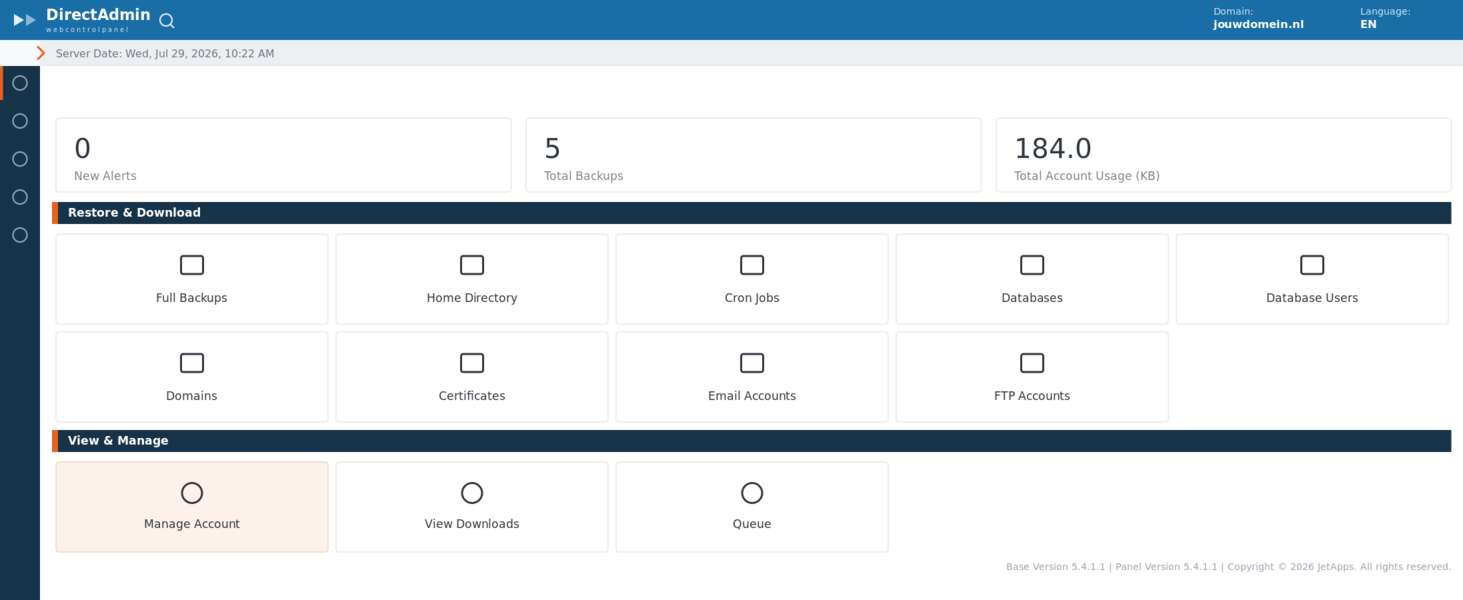 Het JetBackup dashboard