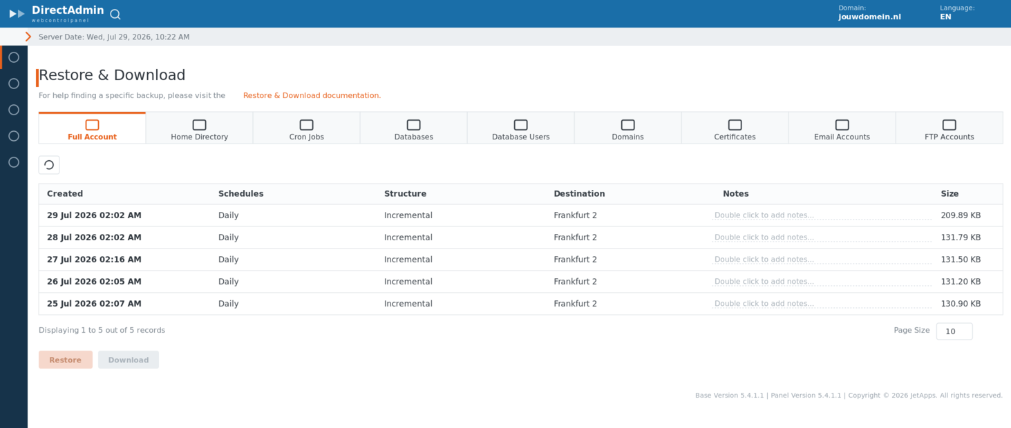 De lijst met beschikbare backups