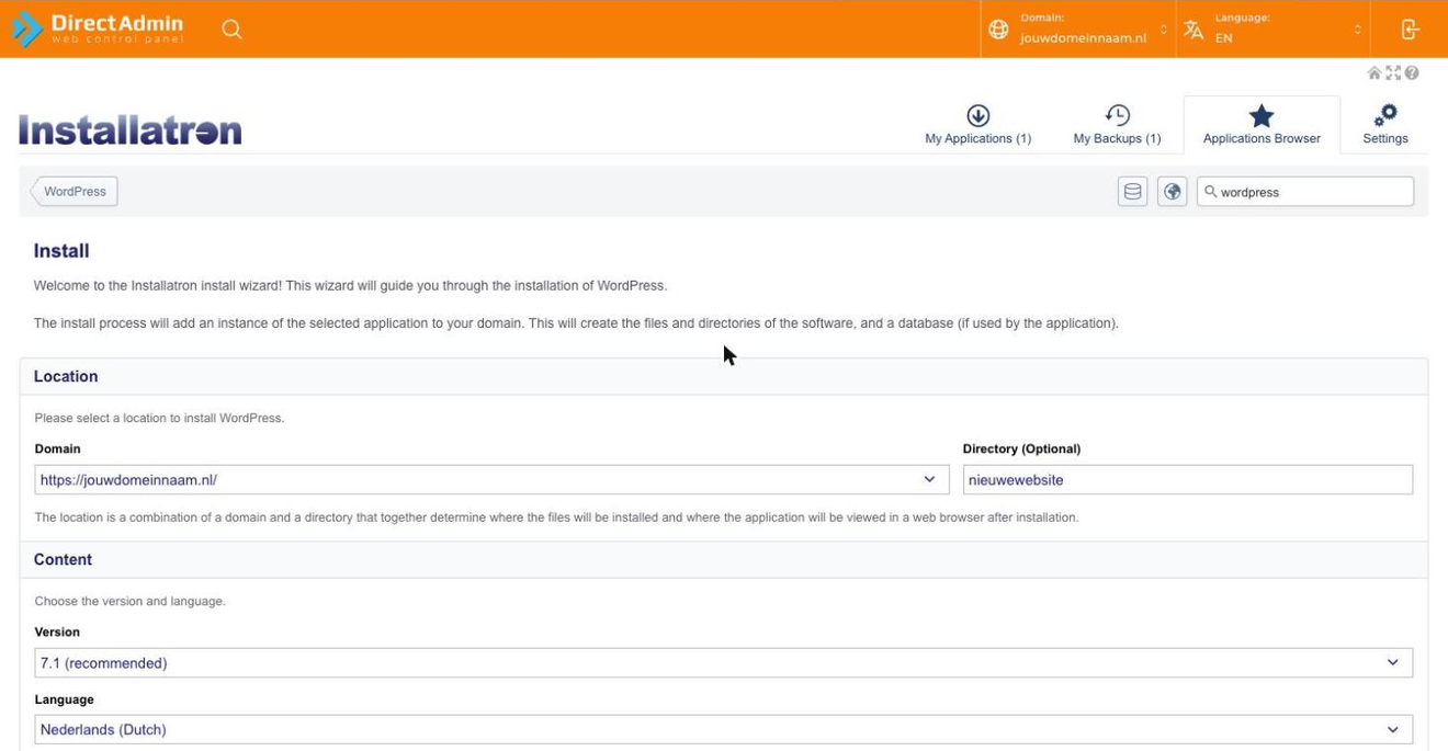 De velden Domain en Directory in de installatiewizard van Installatron