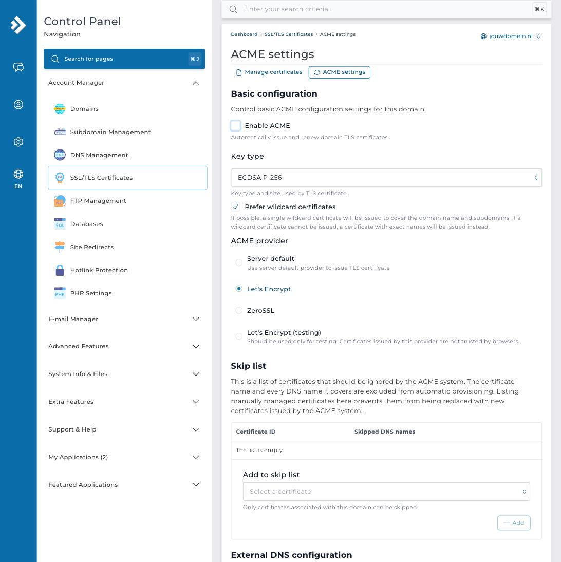 Het tabblad ACME settings met de optie Enable ACME