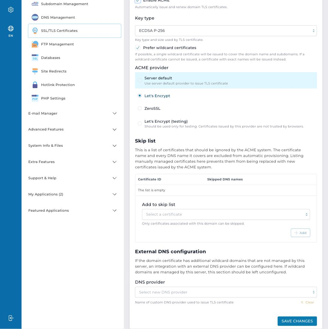 De knop SAVE CHANGES onderaan de ACME instellingen