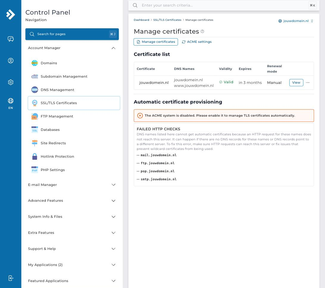 De pagina Manage certificates in DirectAdmin met de melding dat ACME uitstaat