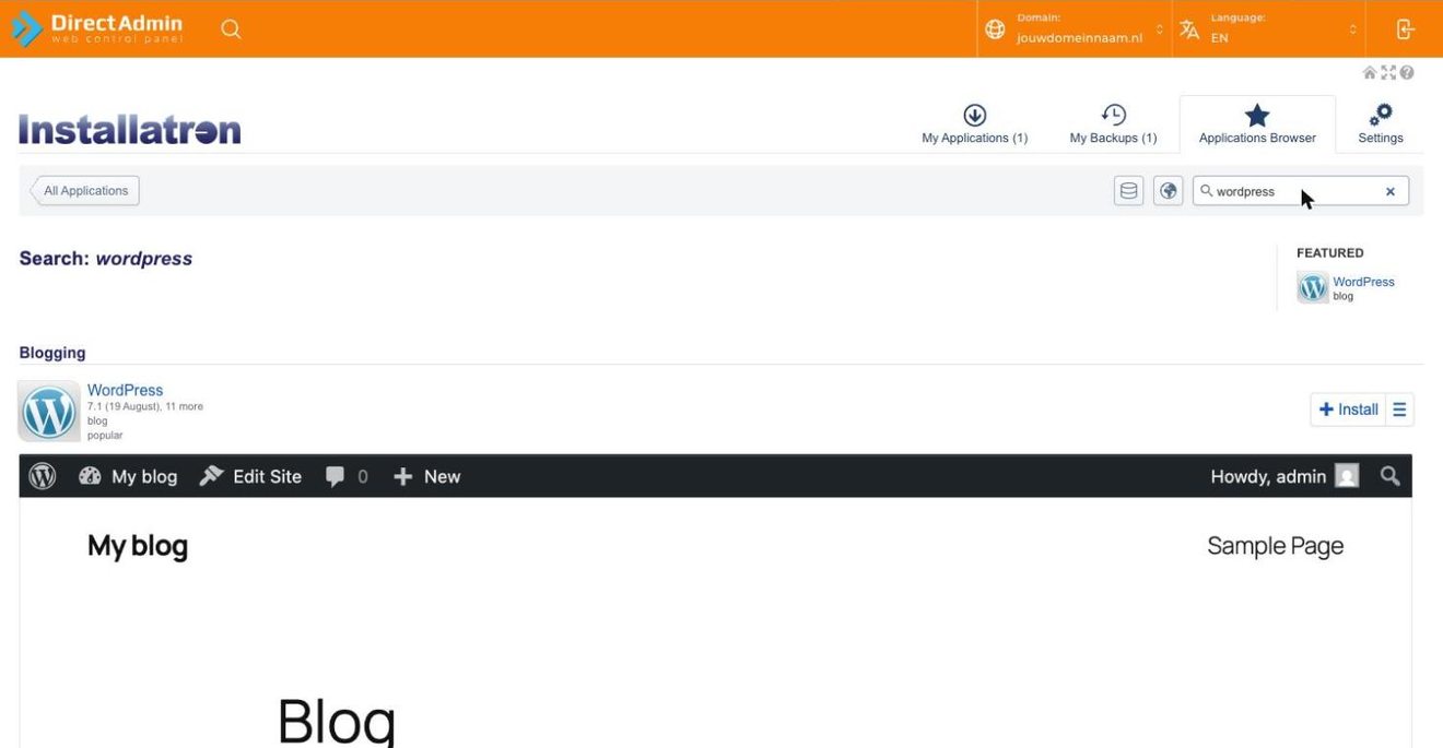 WordPress gevonden in de Applications Browser van Installatron